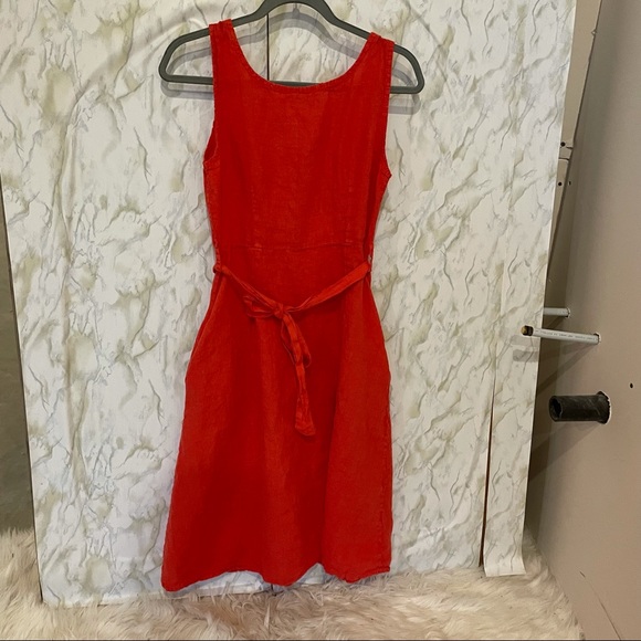 Lungo Larno 100% linen coral pink sundress button up pockets belt summer medium - Picture 9 of 11